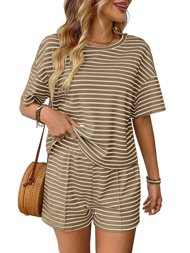 Women's Knitted Striped Fashion Casual Shorts Sports Suit Khaki - Shop at LoveMi