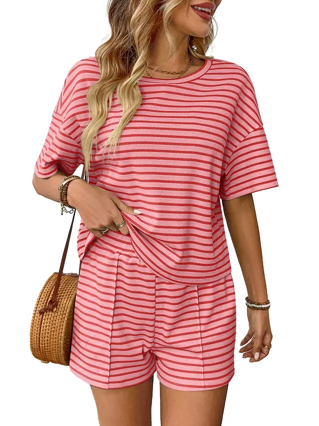 Women's Knitted Striped Fashion Casual Shorts Sports Suit Pink - Shop at LoveMi