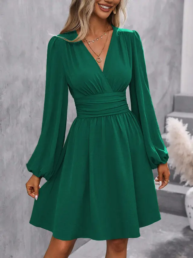 Women's Diagonal Collar Lantern Sleeve Smocking Pleated Waist Dress Green - Shop at LoveMi