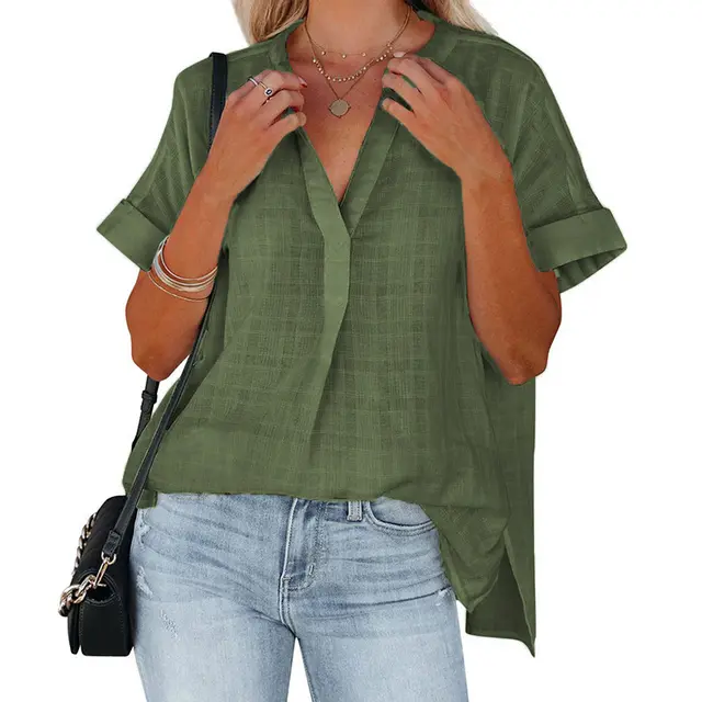 Women's Short Sleeve Thin V neck Pullover Loose Shirt Green - Shop at LoveMi