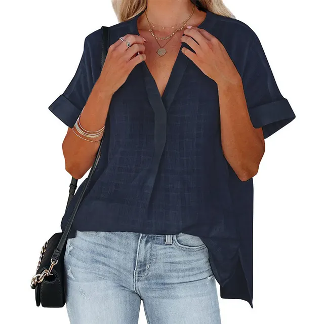 Women's Short Sleeve Thin V neck Pullover Loose Shirt Navy Blue - Shop at LoveMi