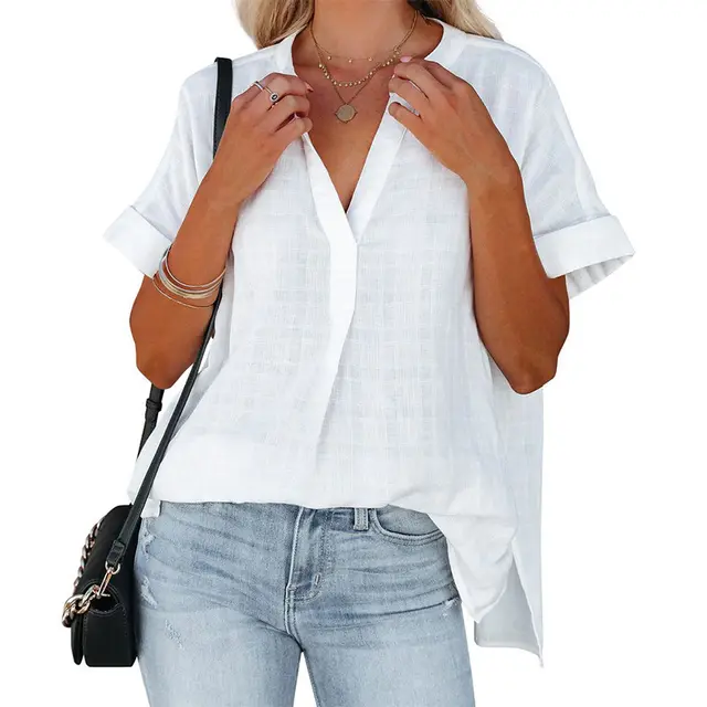 Women's Short Sleeve Thin V neck Pullover Loose Shirt White - Shop at LoveMi