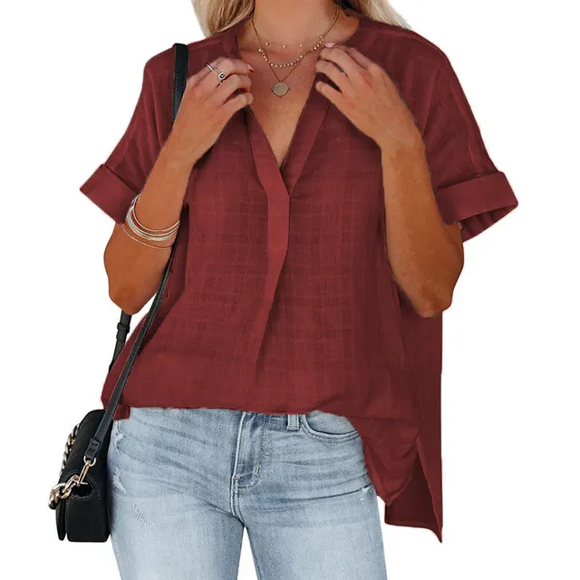 Women's Short Sleeve Thin V neck Pullover Loose Shirt Wine Red - Shop at LoveMi