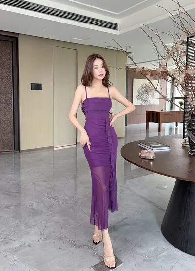 Sexy Long Mesh Hip Spaghetti Straps Design Sense Dress Purple - Shop at LoveMi