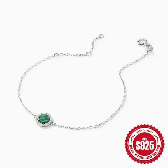 S925 Sterling Silver Classic Round Malachite Diamond All match Bracelet White Gold Color - Shop at LoveMi