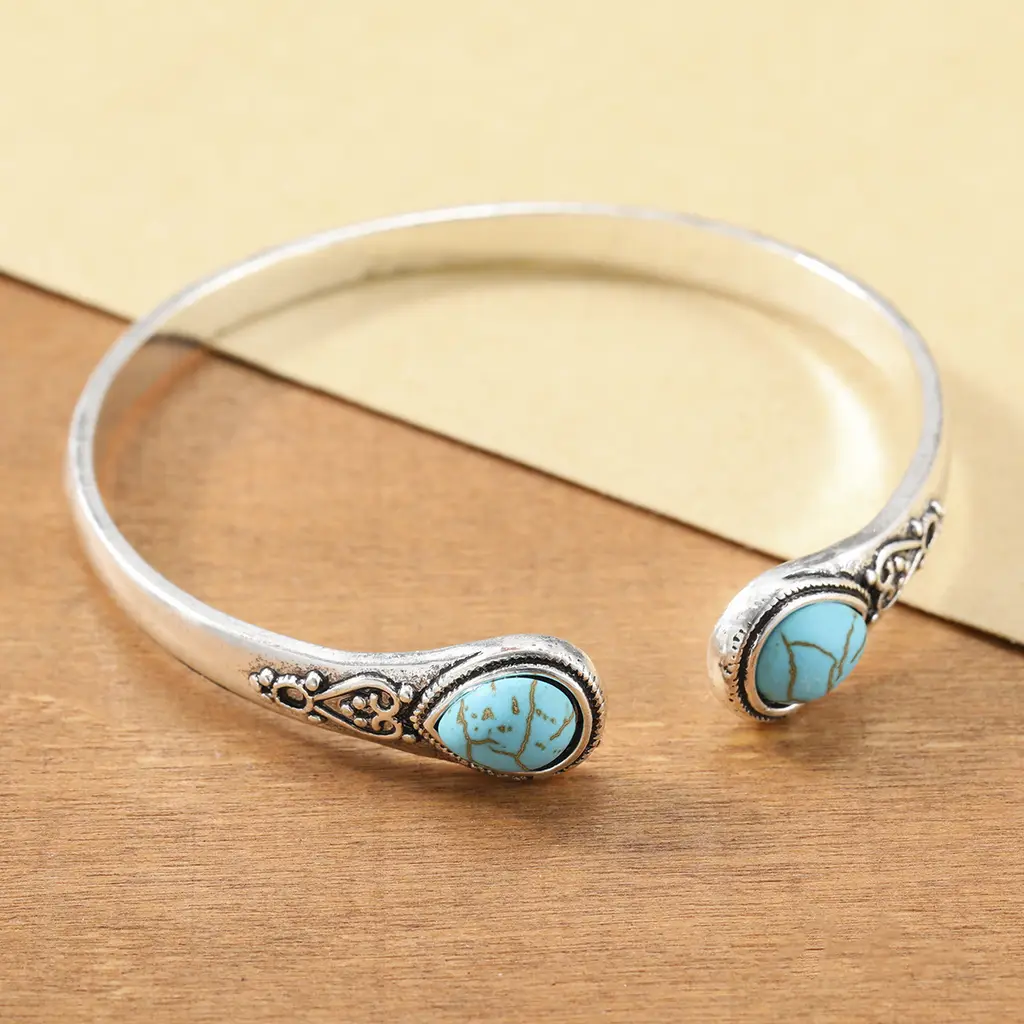 Bohemian Style Natural Turquoise Open-ended Bracelet Vintage Pattern Female - Silver
