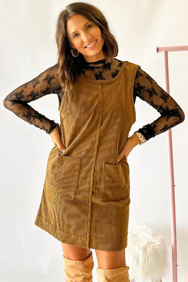 Beige Corduroy Sleeveless Mini Dress With Patched Pockets Beige - Shop at LoveMi
