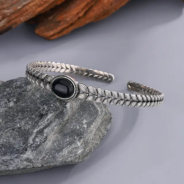 Retro Wheat Stitching Black Onyx Bracelet For Women Retro Silver Sz4227 - Shop at LoveMi