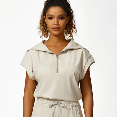 Loose Half Zipper And Lapel Sleeveless Top Casual Trousers Lace up Shorts Three piece Set Beige - Shop at LoveMi