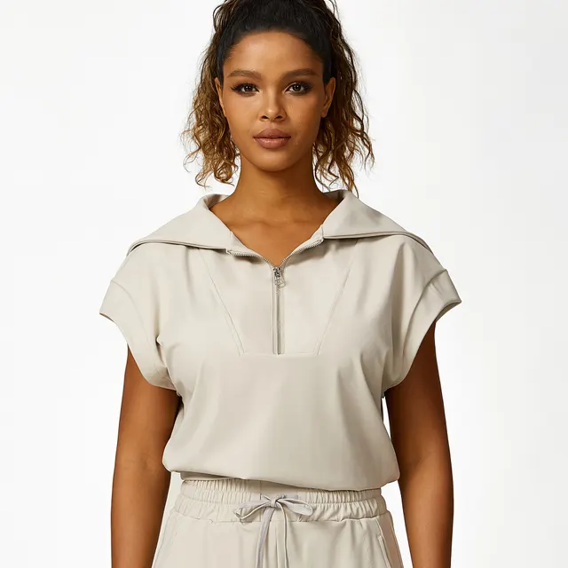 Loose Half Zipper And Lapel Sleeveless Top Casual Trousers Lace up Shorts Three piece Set Beige - Shop at LoveMi