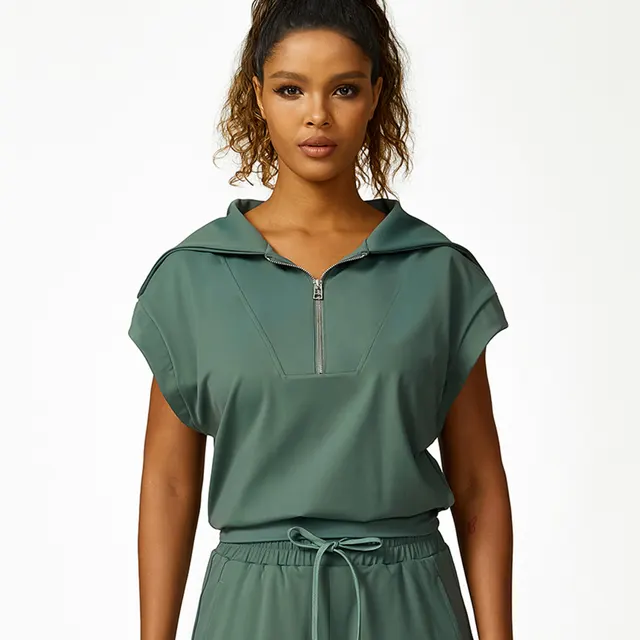 Loose Half Zipper And Lapel Sleeveless Top Casual Trousers Lace up Shorts Three piece Set Green - Shop at LoveMi