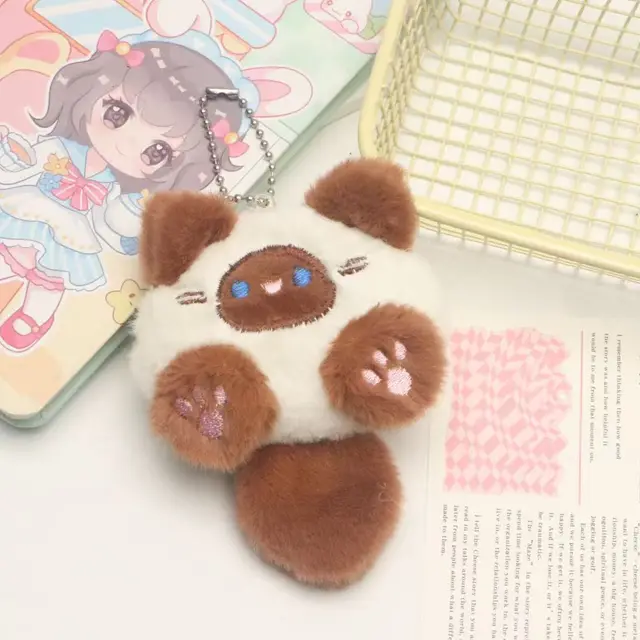 Cartoon Plush Cute Long Tail Cat Doll Pendant Decorative Keychain Brown Bead Necklace - Shop at LoveMi