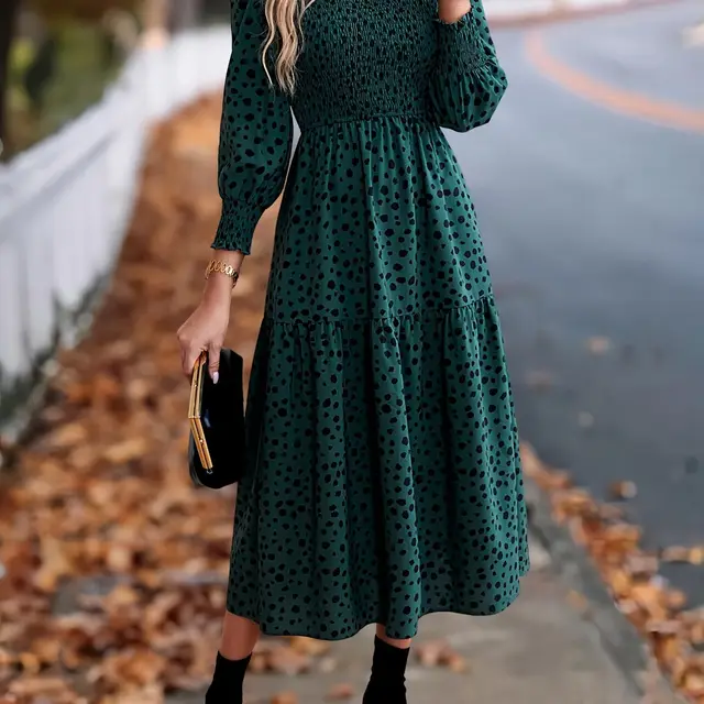 Women's Clothing Leopard Print Long Sleeve Dress Darkgreen - Shop at LoveMi