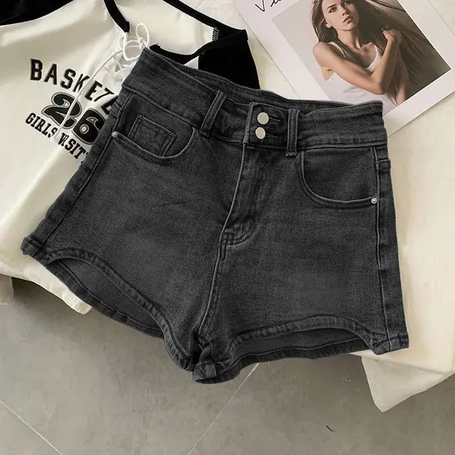 Women's Thin Stretch High Waist Denim Shorts 255 Black And Gray - Shop at LoveMi