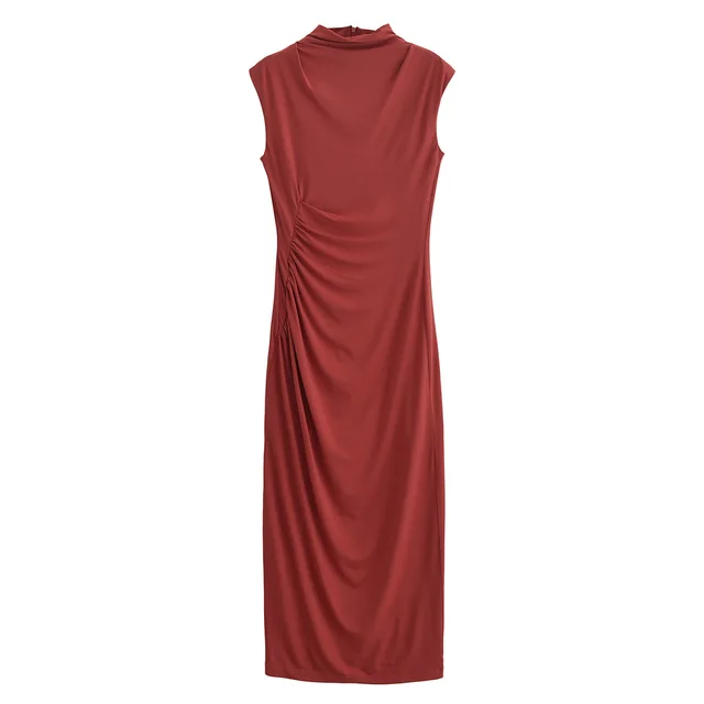 Women's Solid Color Pleated Decorative Waist Slim Fit Dress Wine Red - Shop at LoveMi