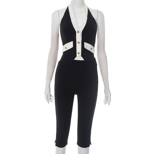 Women's Contrast Color V neck Gold Button Halter Backless Top Tight Cropped Trousers Suit Black - Shop at LoveMi