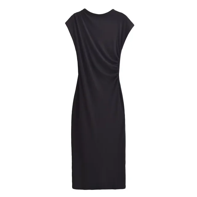 Spring And Summer New Round Neck Short Sleeve Pleated Dress Women Black Round Collar Skirt - Shop at LoveMi