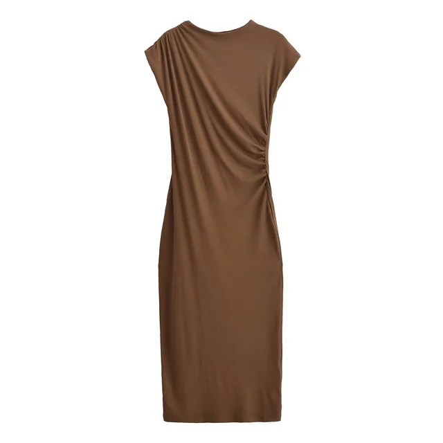 Spring And Summer New Round Neck Short Sleeve Pleated Dress Women Camel Round Collar Skirt - Shop at LoveMi