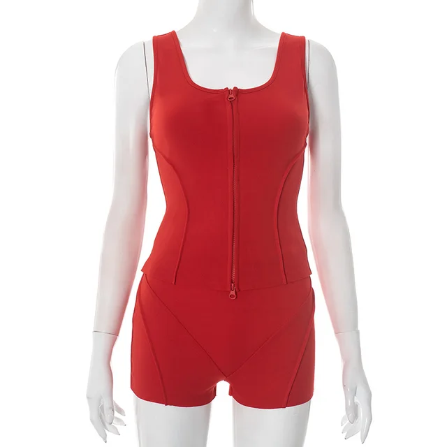 Women's Sexy Exercise Sleeveless Zipper Vest Top Tight Shorts Two piece Suit Red - Shop at LoveMi