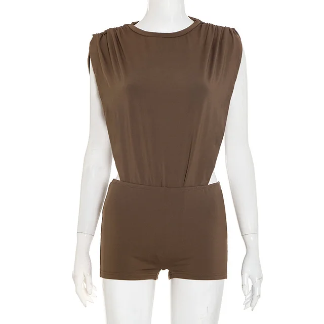 Women's Sleeveless Two piece Hollow Siamese Top And Tight Shorts Brown - Shop at LoveMi