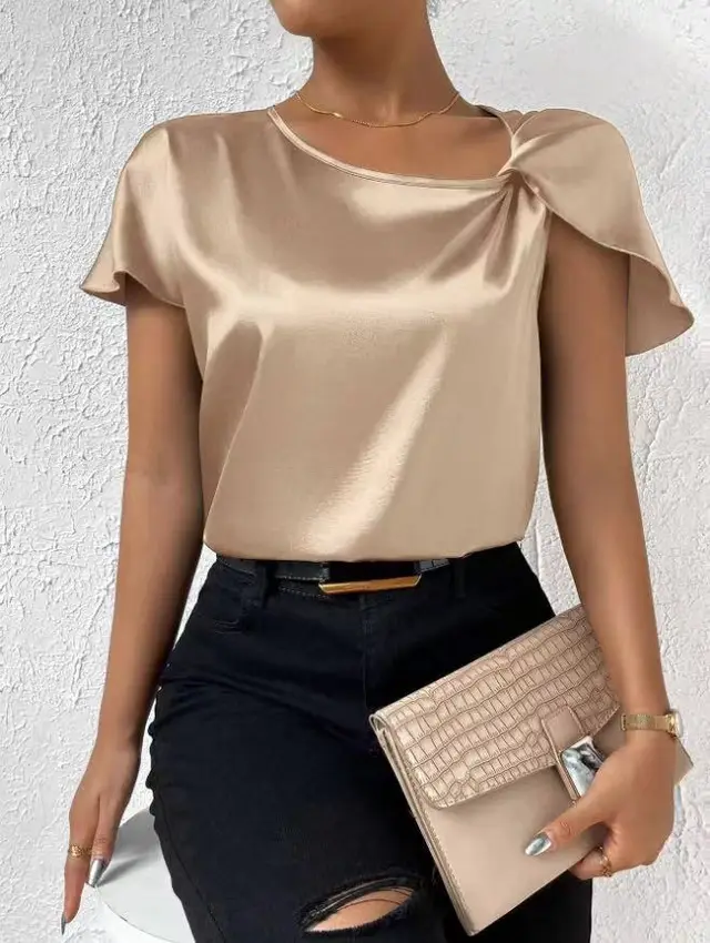 Women's Fashion Solid Color Loose fitting Versatile Top Champagne - Shop at LoveMi