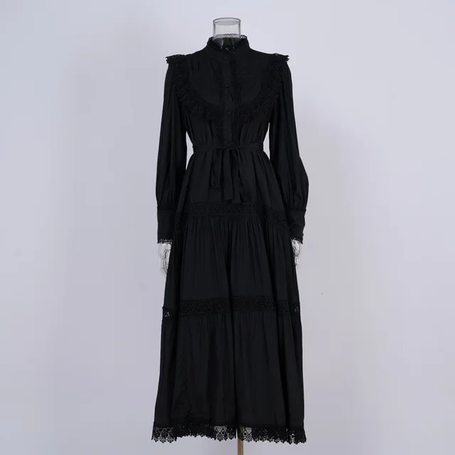 Design Embroidered Shirt Waist tight Slimming Lantern Sleeves Long Skirt Black - Shop at LoveMi