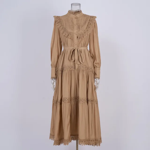 Design Embroidered Shirt Waist tight Slimming Lantern Sleeves Long Skirt Khaki - Shop at LoveMi