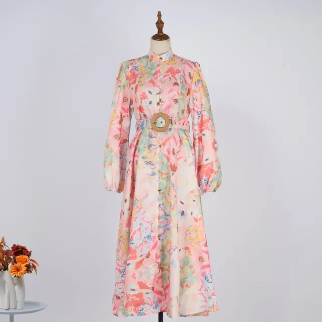 Single breasted Stand up Collar Puff Sleeve Waist With Belt Long Dress Pink - Shop at LoveMi