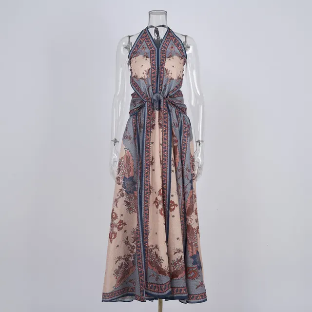 Niche Design Printed Old Money Style Halter Spaghetti Straps Dress - Shop at LoveMi