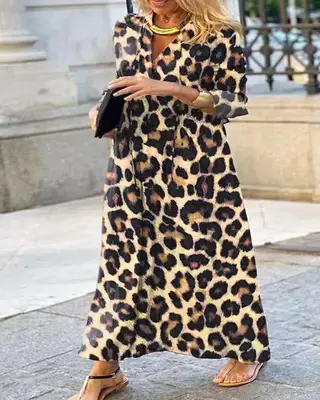 Leopard Print Leisure Pullover Elegant Long Sleeve Blouse Dress - Dark Brown
