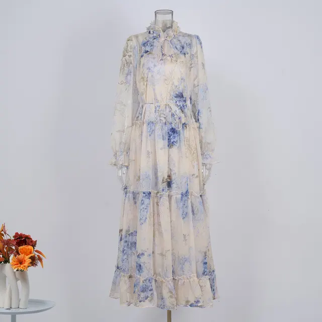 Niche Lilac Purple Lace up Waist controlled Long Sleeves Elegant Silk Crepe Dress Blue - Shop at LoveMi