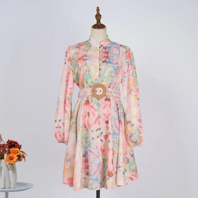 Single breasted Stand up Collar Puff Sleeve Waist With Belt Jumpsuit Skirt Pink - Shop at LoveMi