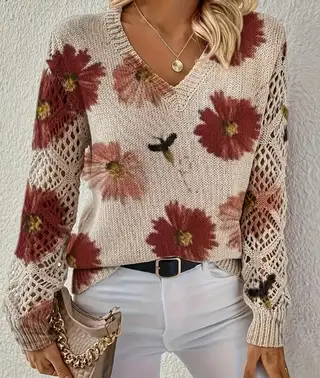 Printed Casual Cape Coat Cardigan Sweater - Red