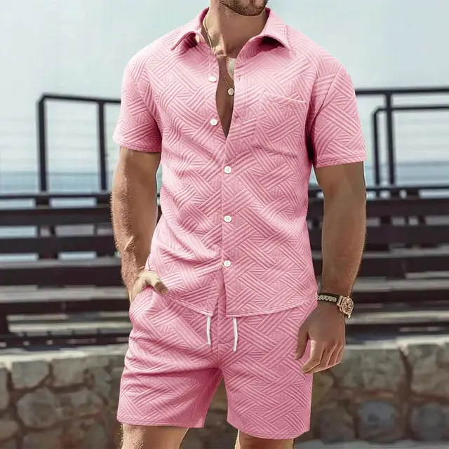 Men's Breasted Outdoor Casual Short sleeved Shirt And Shorts Two piece Set Pink - Shop at LoveMi