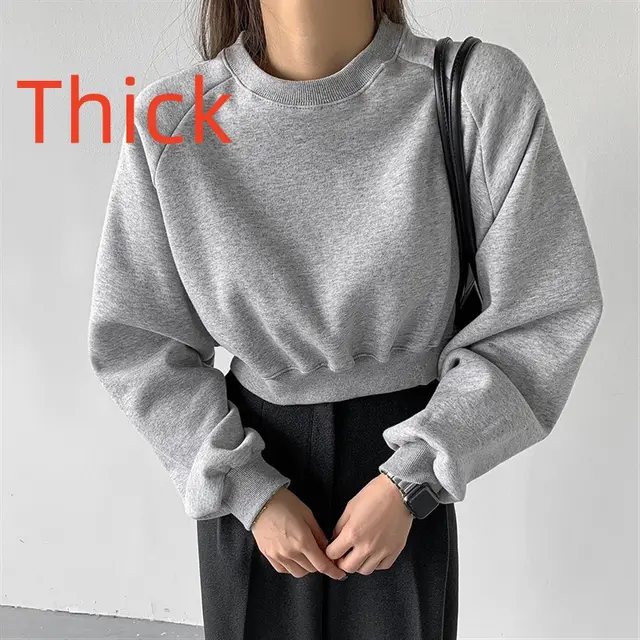 Round Neck Waist Trimming High Waist Short Sweatshirt Gray - Shop at LoveMi