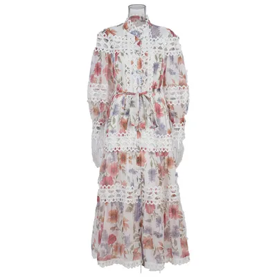 Floral Print Stand collar Hollow out Single breasted Long Dress White - Shop at LoveMi