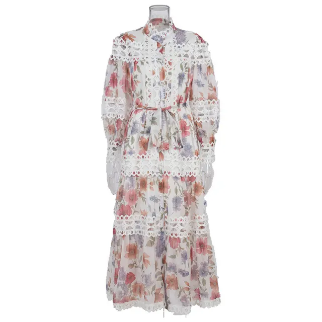 Floral Print Stand collar Hollow out Single breasted Long Dress White - Shop at LoveMi