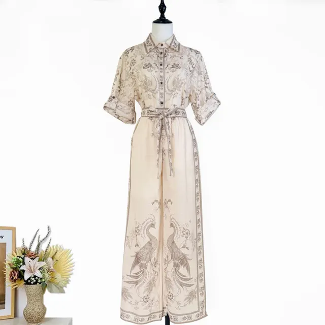 Australian Niche Printing Lapel Rolled Sleeves Shirt Wide Leg Trousers Suit Khaki - Shop at LoveMi