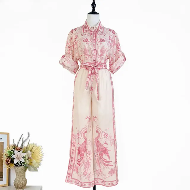 Australian Niche Printing Lapel Rolled Sleeves Shirt Wide Leg Trousers Suit Red - Shop at LoveMi