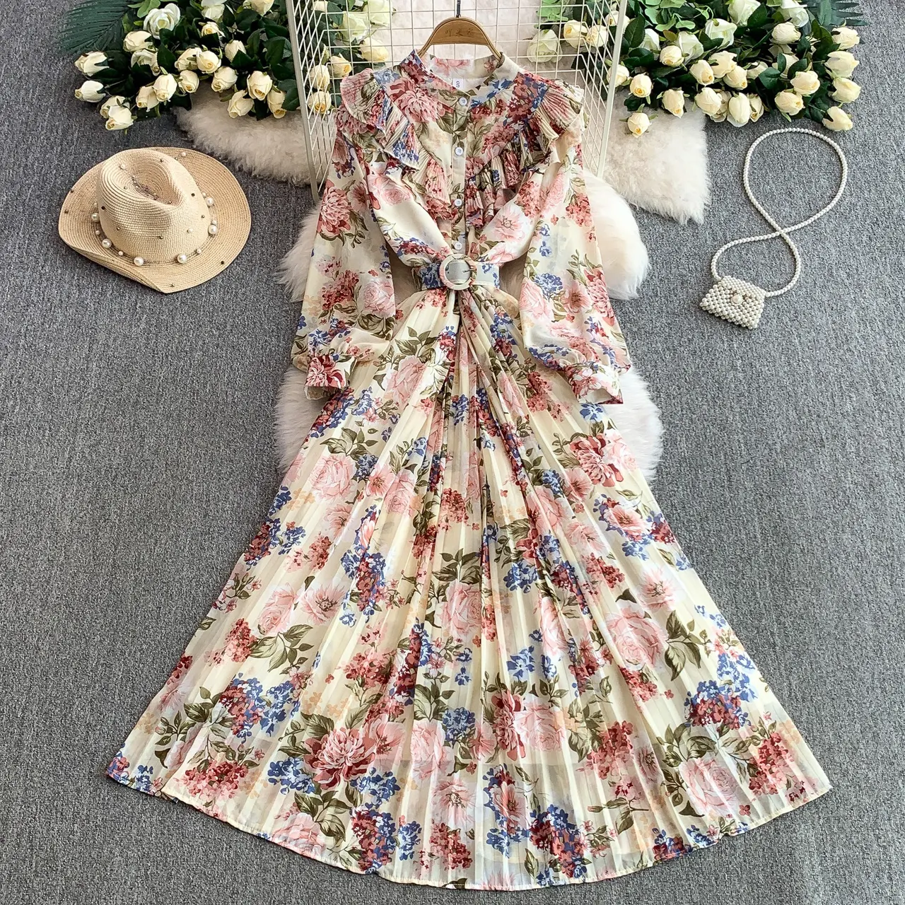 Women's New Cinched Pleated Elegant Dress - Light Yellow