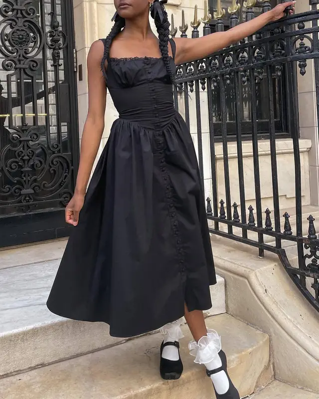 New Spring And Summer European And American Style Spaghetti Straps Chest Wrap Small Floral Solid Color Dress Black - Shop at LoveMi