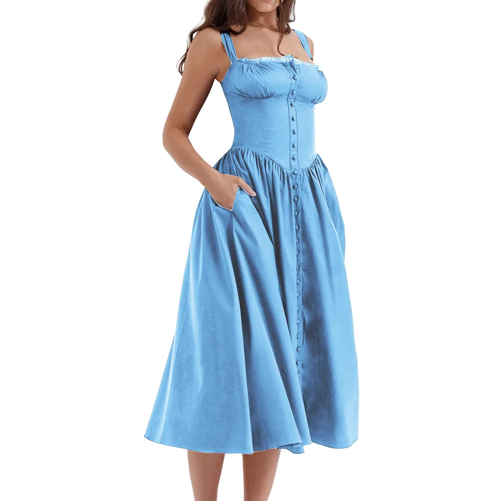 New Spring And Summer European And American Style Spaghetti Straps Chest Wrap Small Floral Solid Colour Dress - Blue - View 1