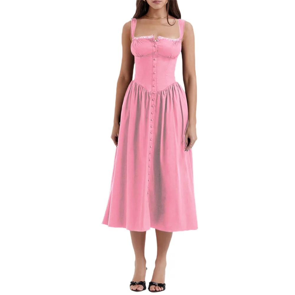 New Spring And Summer European And American Style Spaghetti Straps Chest Wrap Small Floral Solid Colour Dress - Pink - View 1
