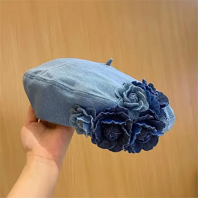 Japanese Minority Contrast Color Three dimensional Flowers Denim Beret Denim White - Shop at LoveMi
