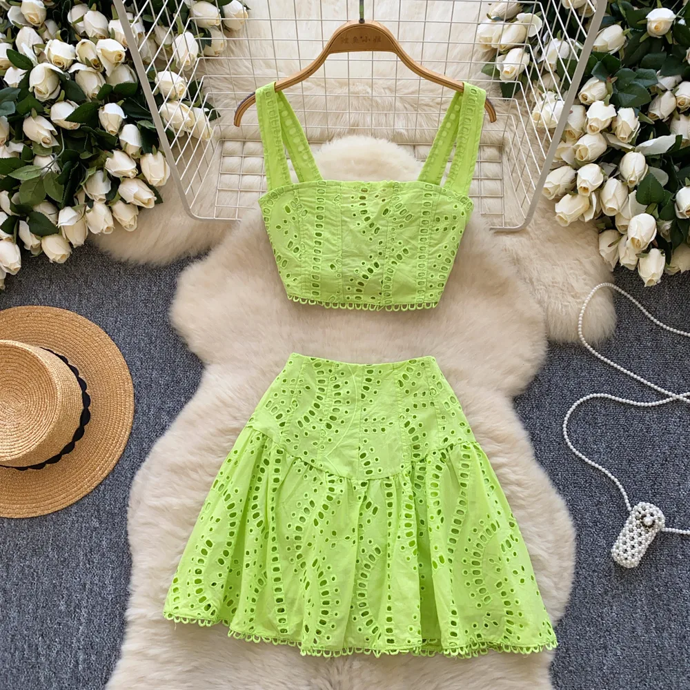 European And American Hot Girls Hollow Embroidery Suit - Fluorescent Green - View 1
