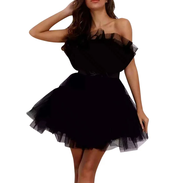 Design Bow Waist tight Fairy Mesh High Waist Bubble Dress Black - Shop at LoveMi