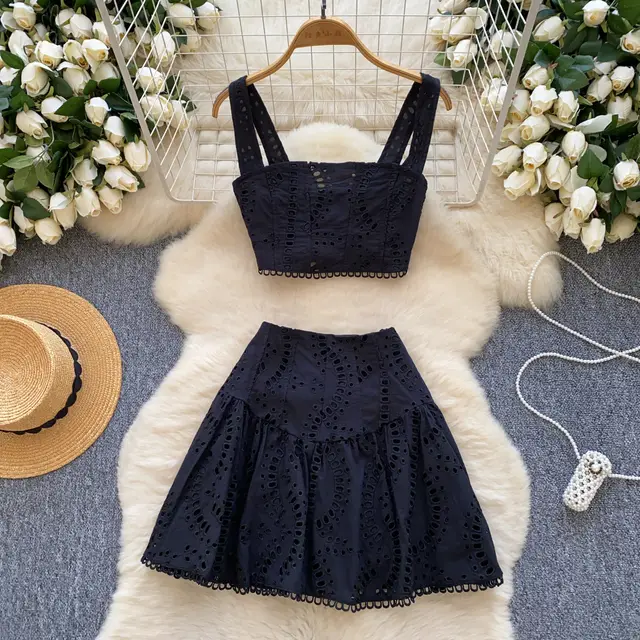 European And American Hot Girls Hollow Embroidery Suit Black - Shop at LoveMi