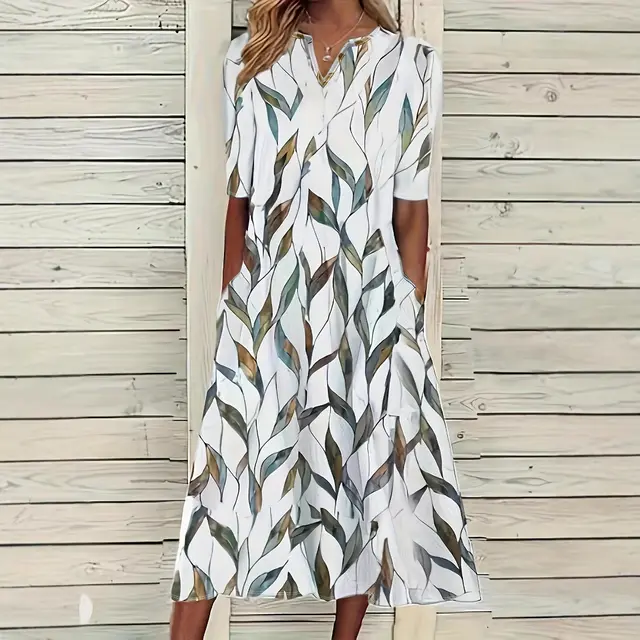 Four Seasons Leisure Printed Loose Fashion V neck Printed Dress Color - Shop at LoveMi