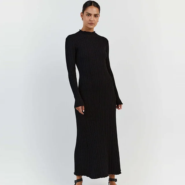 Long Sleeve Knitted Wooden Ear Turtleneck Waist controlled Slim Fit Slimming Dress Black - Shop at LoveMi