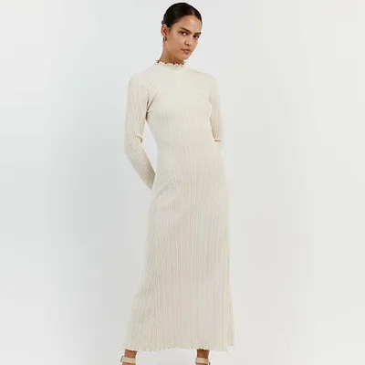 Long Sleeve Knitted Wooden Ear Turtleneck Waist controlled Slim Fit Slimming Dress White - Shop at LoveMi